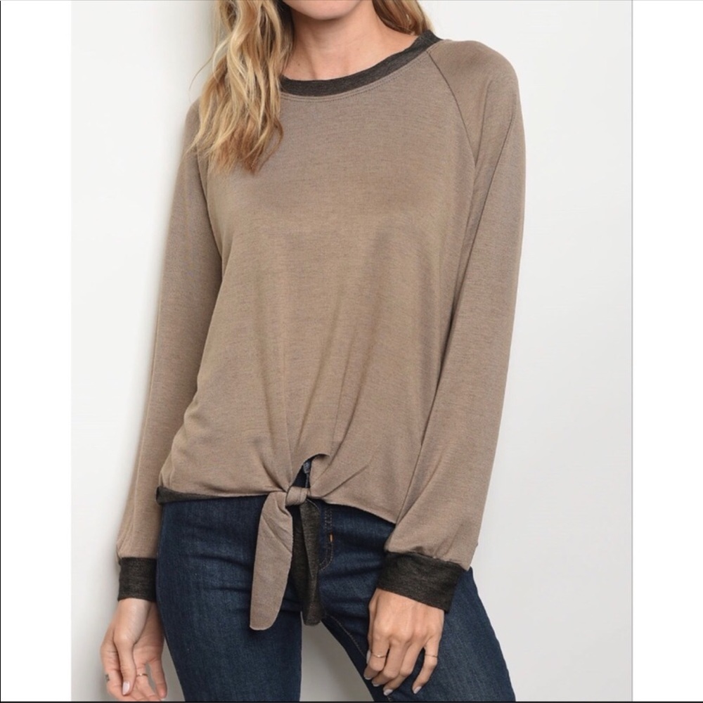 SOLD OUT Mocha top with charcoal trim and tied waist